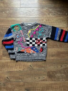 Vintage Evian Gray Marled Knit Sweater with Yellow and Pink Embroidery